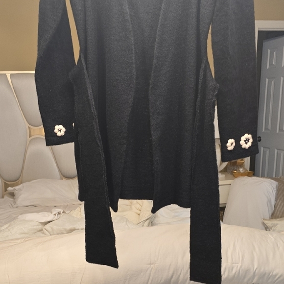 Cynthia Rowley Black Wool Dress Coat with Cream Floral Accents - Picture 4 of 14